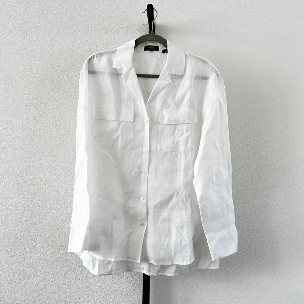 Theory Notched Collar 100% Linen Button Front Shirt, Size M, New without Tag